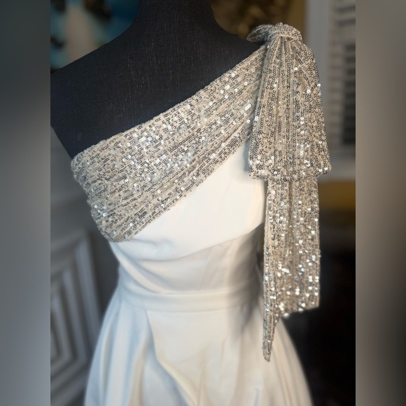 Gavin Jumpsuit With Satin Overskirt in Light Ivory, Silver & Diamond White - Picture 10 of 15